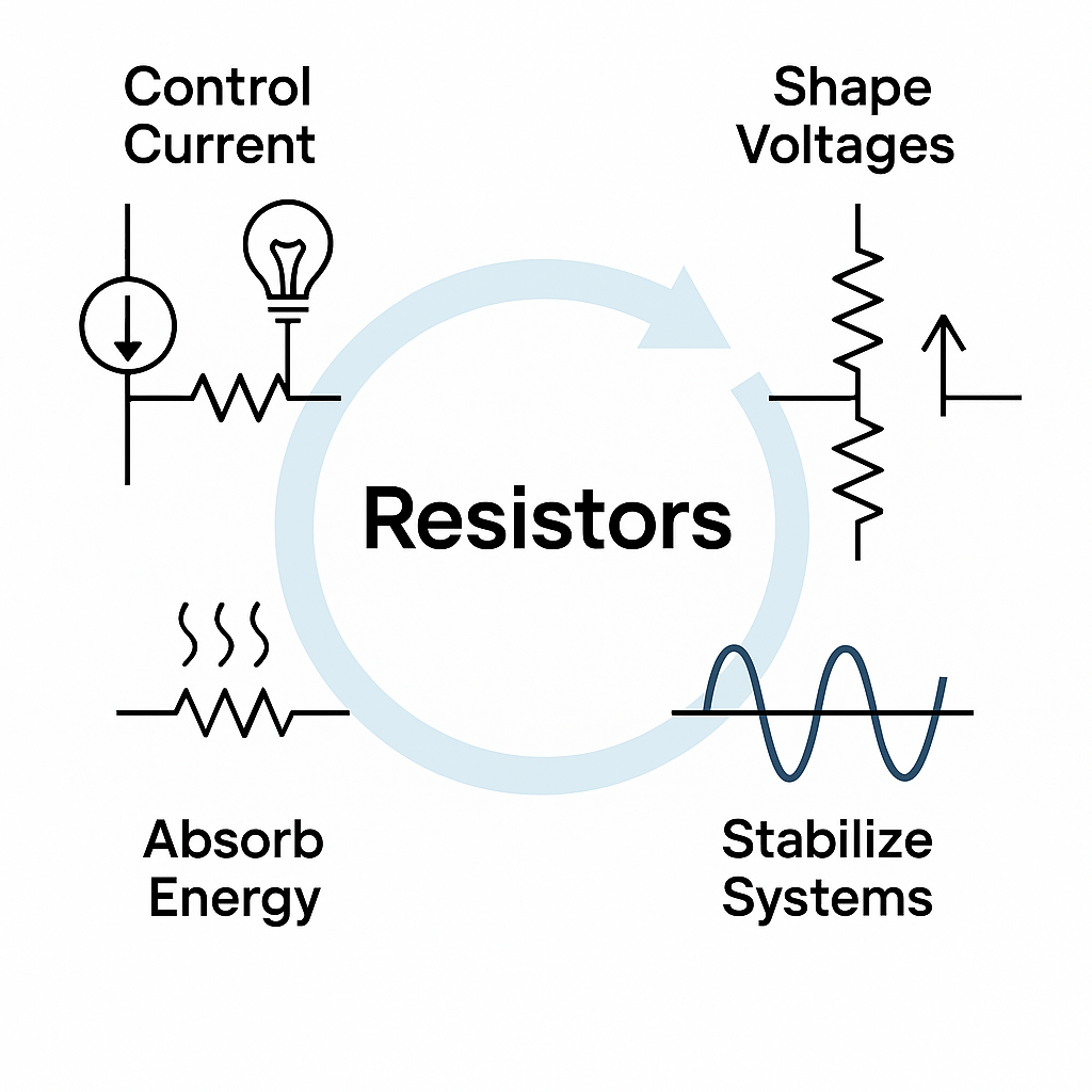 Resistors control current, shape voltages, absorb energy, and stabilize systems.