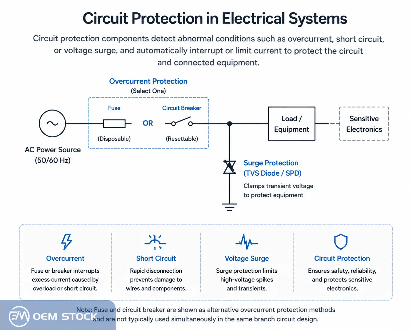 Circuit protection diagram showing AC power, fuse or circuit breaker, and surge protection for electrical safety